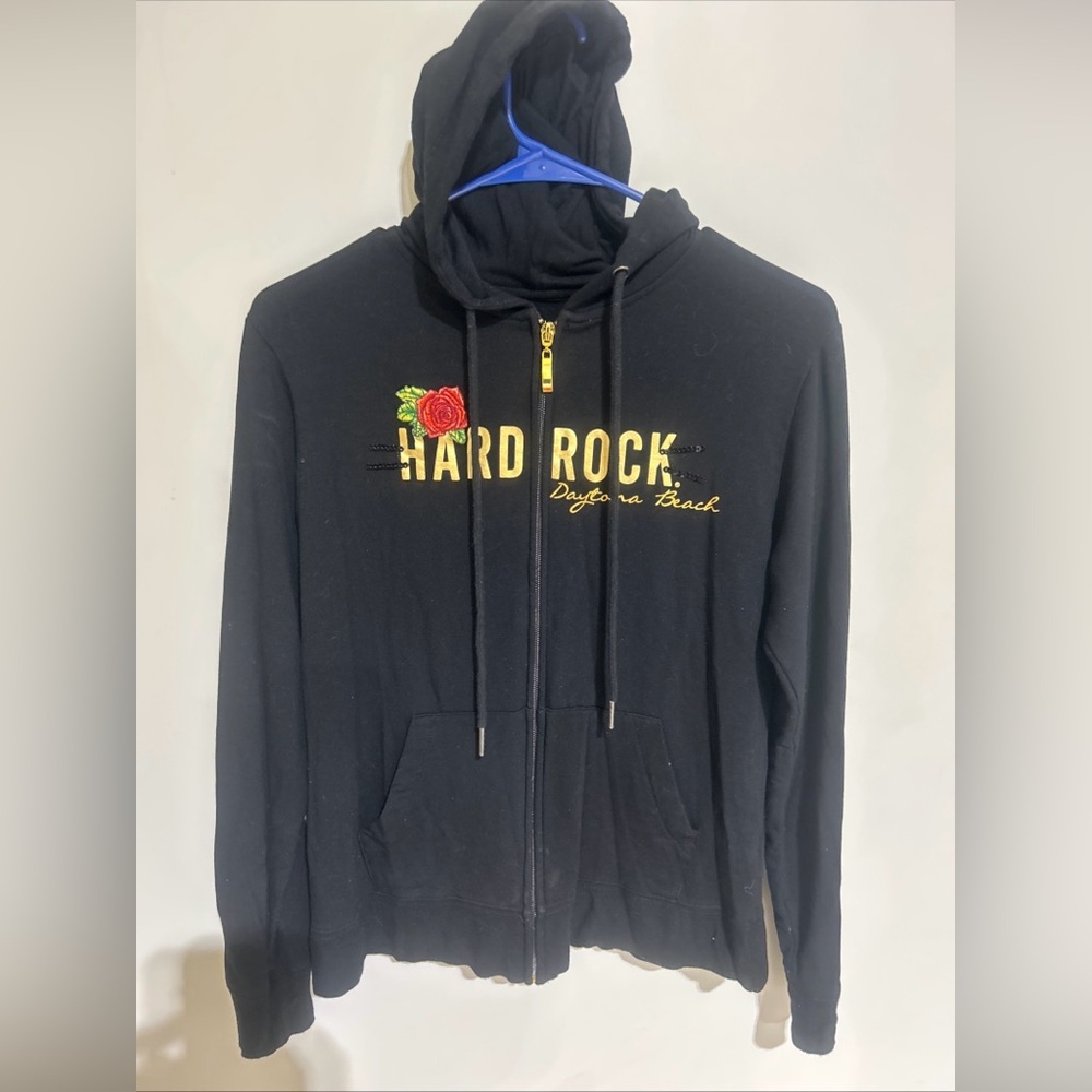 Hard Rock HOTEL Daytona Beach WOMENS Small Hoodie BLACK/GOLD LETTERING JACKET.